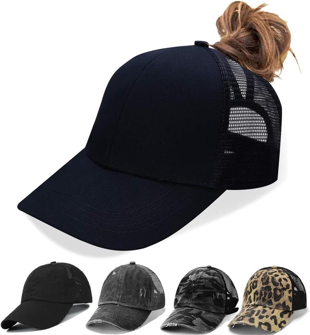 Criss Cross Hat Washed Distressed Baseball Cap Ponytail Hat High Messy Bun Ponycap for Women (One Size, Black)