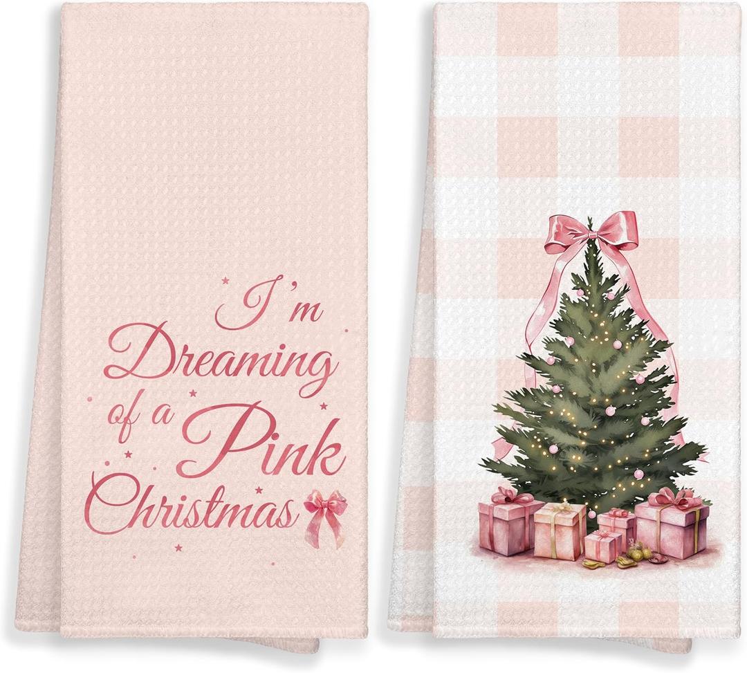 Pink I'm Dreaming of A Pink Christmas Tree Winter Kitchen Towels Set of 2 Decor Gifts for Women Girls, Cute Coquette Bow Trendy Festive Decorative Dish Hand Towels for Bathroom 16x24 Inch