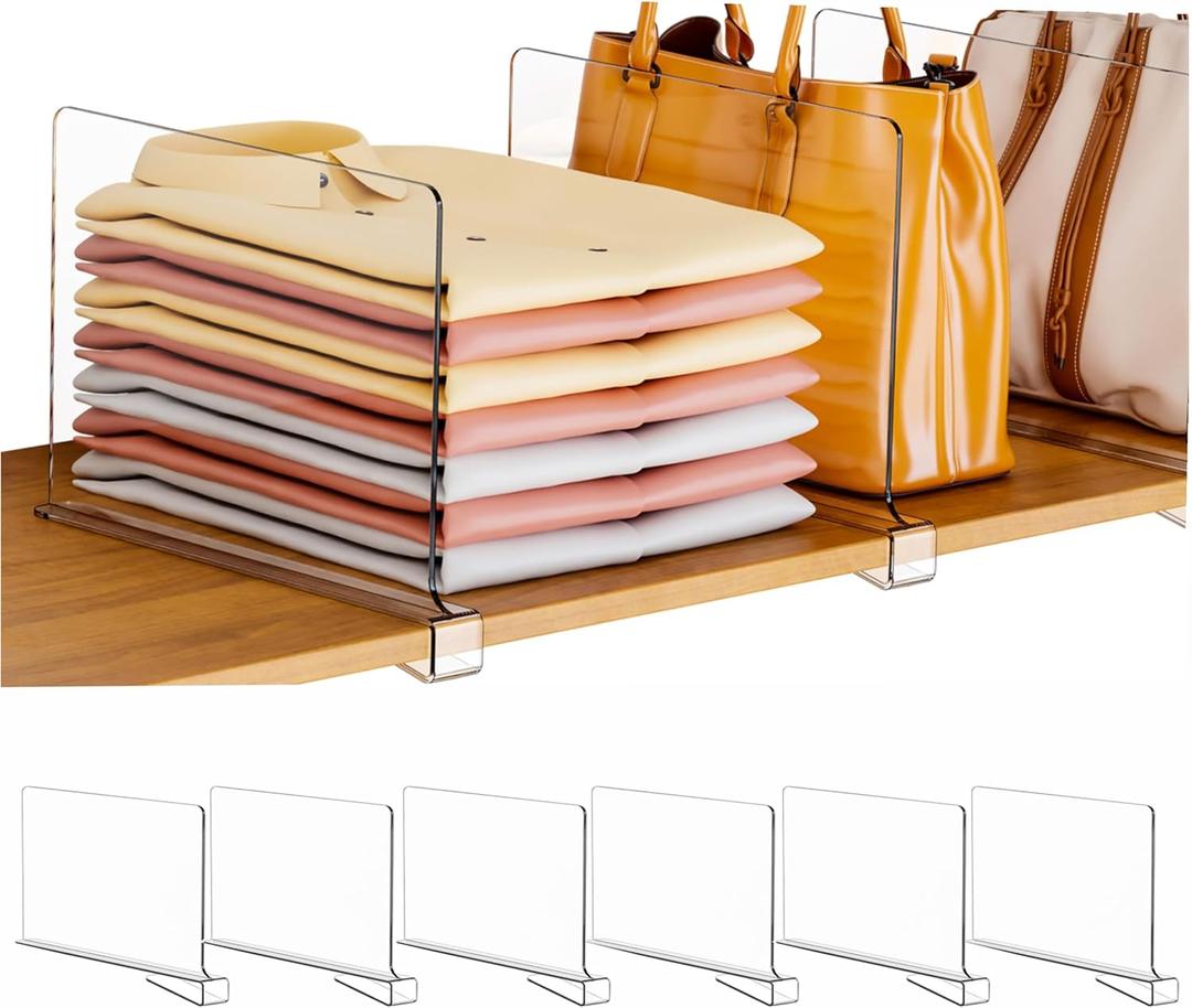 Clear Acrylic Shelf Dividers for Closet Organization - 6 Pack Closet Shelf Divider for Sweatshirt,Towel,Bag,Purse,Clothing,Sweater Organizer,Plastic Dividers and Separators for Shelves and Bedroom