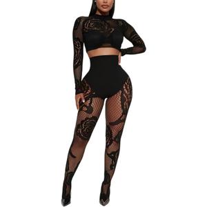 Women's Sexy Fishnet Seamless 2 Piece Outfits Mock Neck Long Sleeve Crop Top Legging Set Club Lingerie Sets (Black) One Size