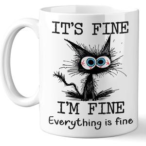 Funny Black Cat Coffee Cups, Its Fine Everything is Fine, Christmas Birthday Gifts for Cat Lovers, Funny Coffee Mug for Women, Men, Humor Office Mug, 11 Oz Ceramic Coffee Mugs (Color 3)
