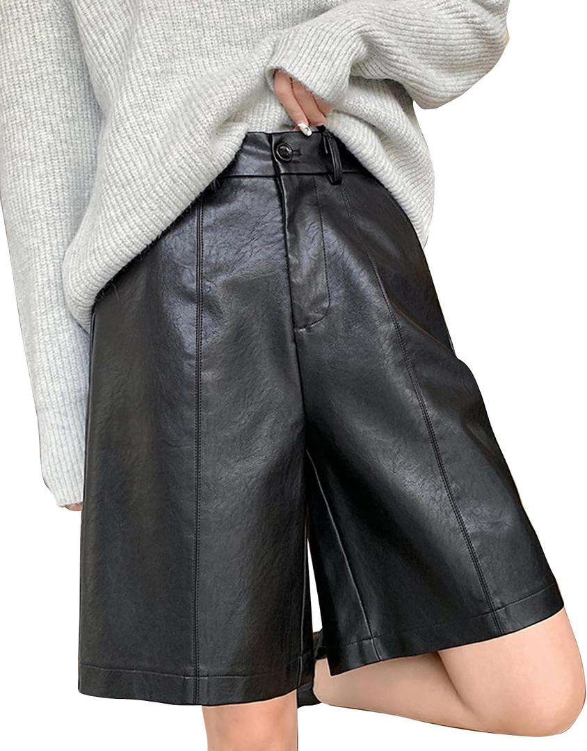 Lucrosun Women's Trendy Faux Leather Shorts High Waist Bermuda Biker Shorts (Black-XL)