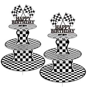 BACUTHY 2 Pack Race Car Cupcake Stands Birthday Party Supplies, Two Fast Cars Decorations Truck Theme Favors - 3 Tier Cardboard Cup Cake Holder Tower