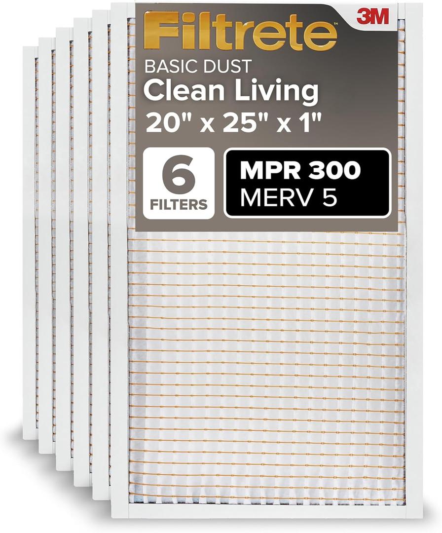 Filtrete 20x25x1 AC Furnace Air Filter, MERV 5, MPR 300, Capture Unwanted Particles, 3-Month Pleated 1-Inch Electrostatic Air Cleaning Filter, 6-Pack (Actual Size19.69x24.69x0.81 in)
