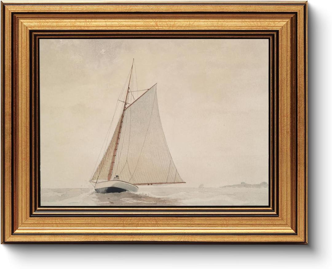 Gold Framed Vintage Wall Art for Living Room, Seaview Painting Prints Shelf Decor for Kitchen, Aesthetic Bedroom Wall Art, Christmas Gifts for Friends or Family (White Sailboat - 8"x10")