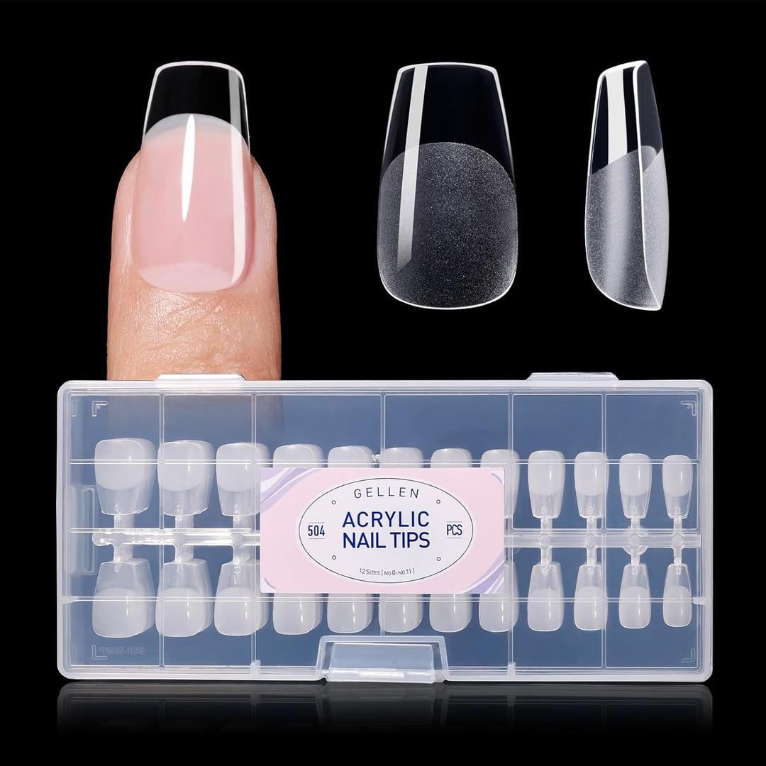 Gellen Short Coffin Press on Nails - 504Pcs Clear Acrylic Nail Tips, Half Matte Finish, Full Coverage Short Coffin Press on Nails 12 Sizes for DIY & Salon Manicure