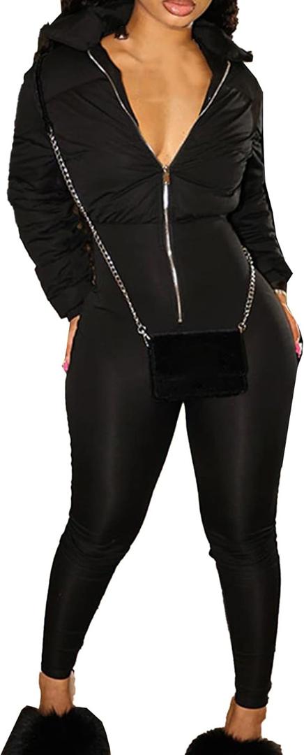 YOOTIKO Womens Sexy Puffer Jacket Jumpsuit Quilted Zip Up Bodycon Long Sleeve Romper Club Outfits (L, Black)