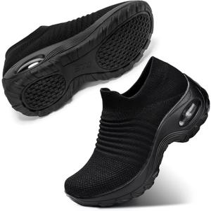 STQ Walking Shoes Women Slip on Sneakers Non Slip Work Air-Cushion Arch Support Tennis Plantar Fasciitis Orthopedic Breathable Mesh Comfortable Ladies Nursing (6.5, All Black)