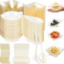 200 Count Gold Mini Appetizer Plates Set with 50 Tear Drop Spoons and Forks, 50 Plastic Square Plates with Spoons, Leaf Shape Dessert Bowls with Forks, Dessert Tray for Party