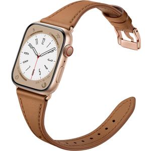Slim Leather Bands Compatible with Apple Watch Band 42mm 41mm 40mm 38mm, Genuine Leather Replacement Strap for iWatch Series 10/9/8/7/6/5/4/3/2/1/SE Women, Brown/Rose Gold