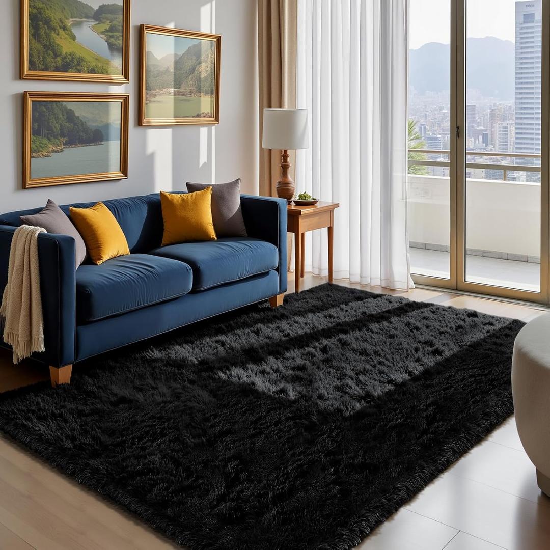 Fluffy Rug Shag Area Rug, Black 5x8 Area Rugs for Bedroom, Small Bedside Rug, Soft Fluffy Shag Entryway Throw Rugs for Living Room Bedroom Kids Room Home Decor