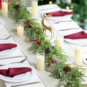 BLOSMON Christmas Garland for Table Decorations: 6.2 Ft Prelit Glitter Garland for Mantle Stairs Railing - 12 Light Modes Remote Timer - Red Berries Pine Cones Eucalyptus Garlands for Door Staircase