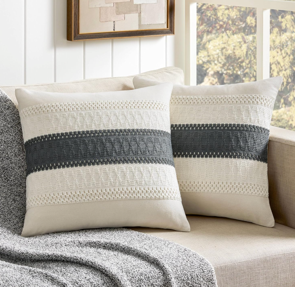 ZeeMart 2 Packs Cotton Boho Throw Pillow Covers 16x16 Inch Contrast/Charcoal, Soft Farmhouse Decorative Couch Pillow Cases Dark Grey Cushion Covers for Sofa Bed Living Room Home Decor