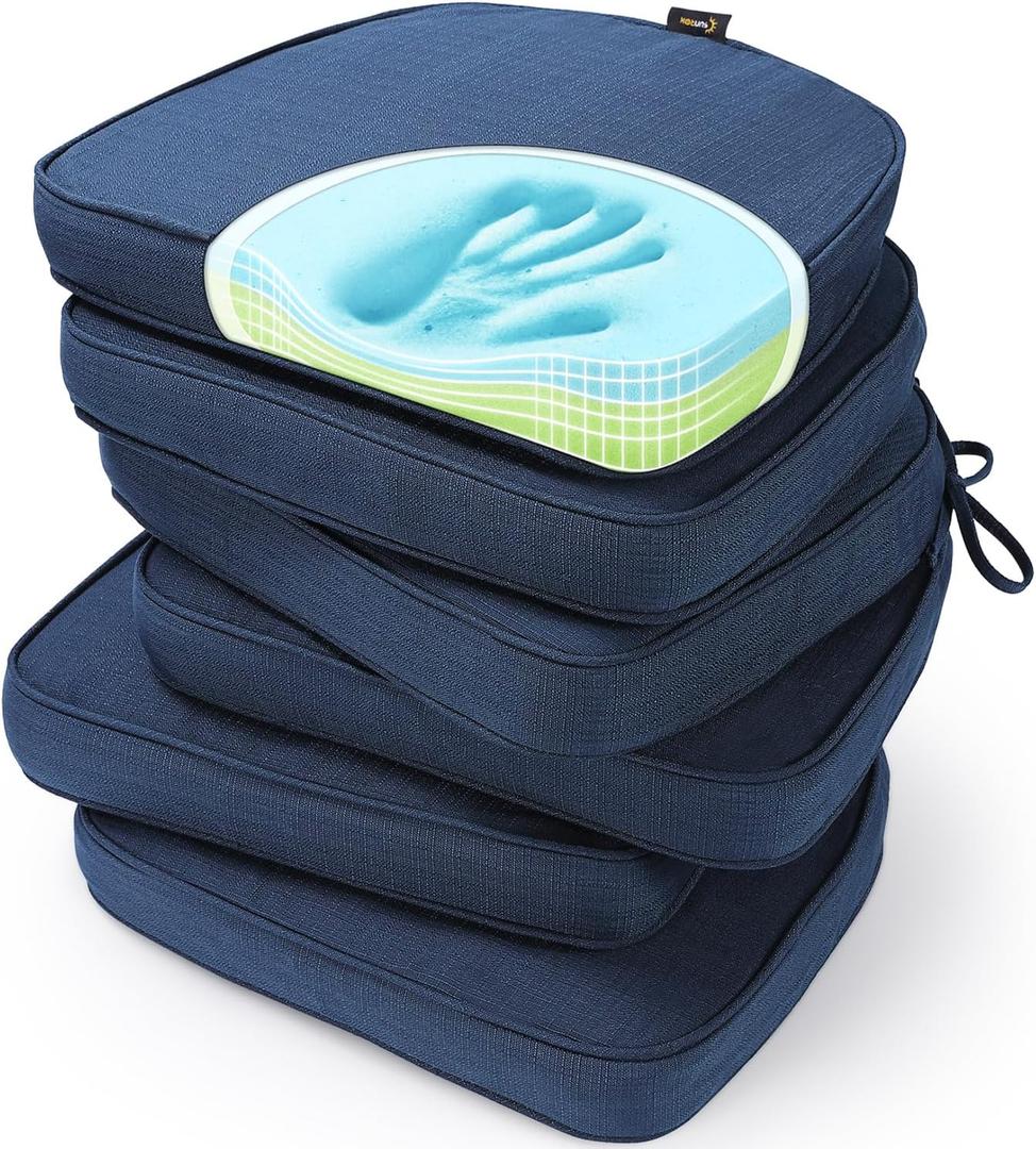 SUNROX Gel Memory Foam Chair Cushions, FadeShield Water-, Stain-Resistant Durable Reversible Seat Cushion Pads with Ties for Indoor/Outdoor Kitchen Dining Office 17"x16" Set of 6, Navy