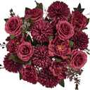 Premium Burgundy Silk Flowers Bouquet, Wine Artificial Floral Arrangements, Dark Red Fake Flower for Wedding Bridal Bouquets, Home Decorations, Baby Shower, Table Centerpieces 8 pack
