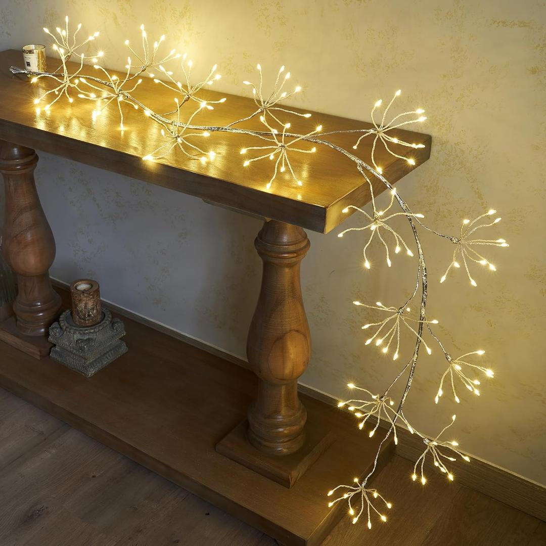 LITBLOOM Lighted Starburst Garland with Timer and Dimmer 6FT, Sliver Garland with Lights 160 Warm White LED Lights for Home Fireplace Mantle Thanksgiving Christmas Decoration Indoor Outdoor