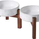 6.1inch Ceramic Raised Double Bowls Set with Acacia Wood Stand, 2 Heights Elevated, Food & Water Bowls for Toy Breed Dogs, Kitty, Cats, Pet Bowl(13.5OZ, Arctic White)