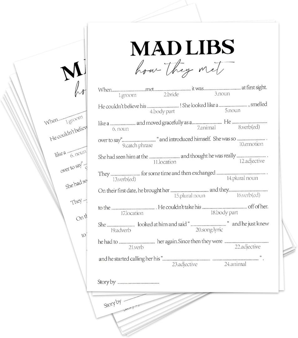 Bridal Shower Games Bridal Shower Mad Libs Bachelorette Party Wedding Shower Games Engagement 50 Guests Love Story
