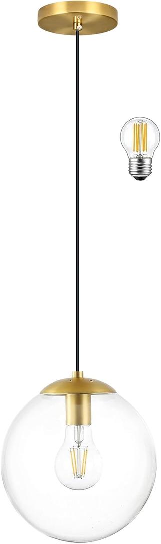 KoKo&Yukina 6-inch mini Modern Globe Pendant Light Clear Glass with Brass Finish Contemporary Mid Century Adjustable Hanging Light Fixture for Living Room Bedroom Kitchen Island 