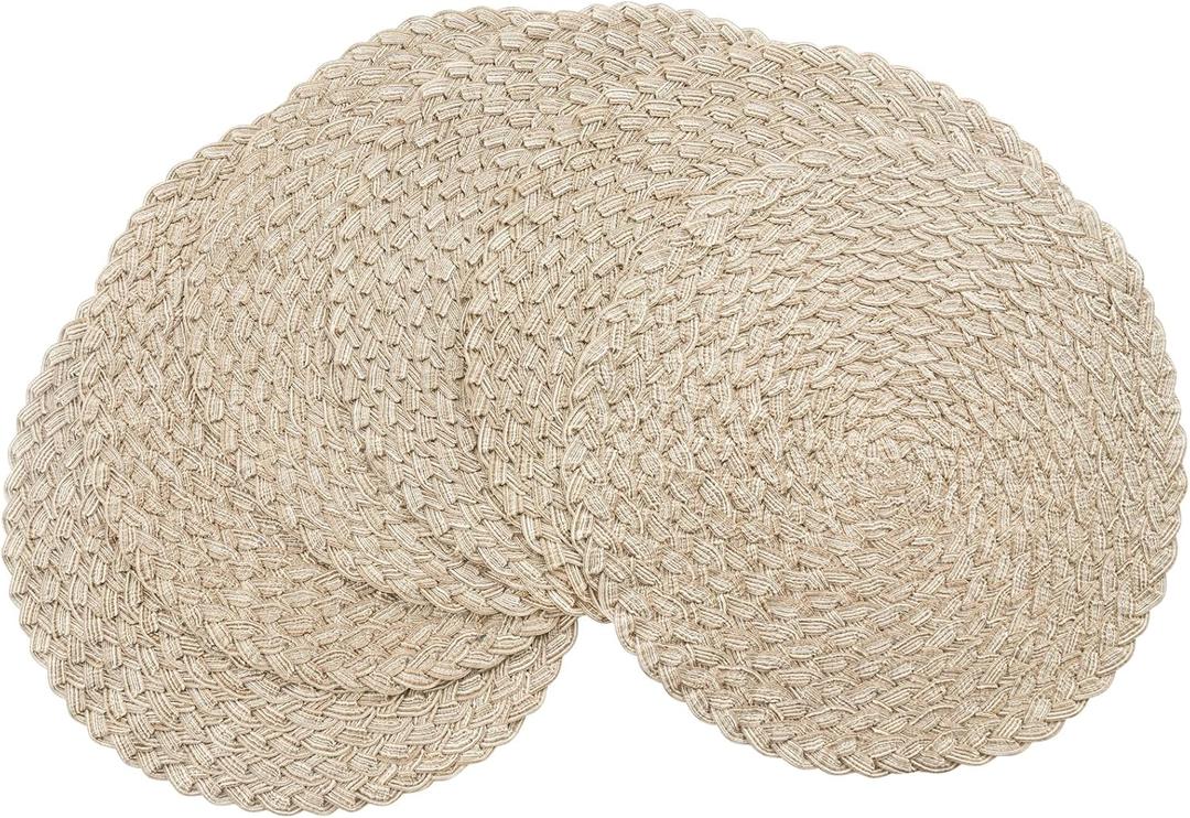 Floroom 15 Inch Round Braided Placemats Set of 6, Washable Heat Resistant Cotton Polyester Circle Boho Place Mats for Kitchen Dining Table - Dunes Khaki