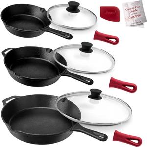 Cuisinel 8"+10"+12"-Inch Cast Iron Skillets Set with Glass Lids + Silicone Handle Holder Covers + Pan Scraper - Pre-Seasoned Oven Cookware - Use Indoor/Outdoor, Grill, Stovetop, Camping Fire, Oven