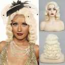 Blonde Finger Wave Wigs for Women Long Curly 1920s Side Part Natural Synthetic Fiber Hair Halloween Costume Vintage Wig(Light Blonde)