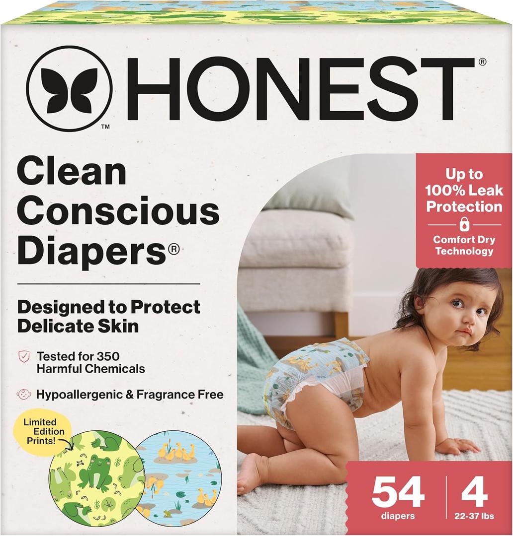 The Honest Company Clean Conscious Diapers, Up to 100% Leak Protection, Designed to Protect Delicate Skin, Hypoallergenic + Fragrance-Free, UR Ribbiting + Waddle It Be, Club Box, Size 4, 54 Count