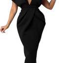 Memoriesea Women's Sexy Deep V Neck Puff Sleeve Side Split Ruched Backless Gown Dress (X-Large, Black)