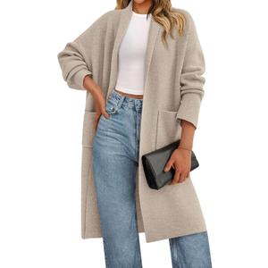 PRETTYGARDEN Long Sleeve Lapel Open Front Cardigan Sweaters for Women Trendy 2026 Oversized Spring Sweater Long Ladies Coats (Large, Beige Grey)