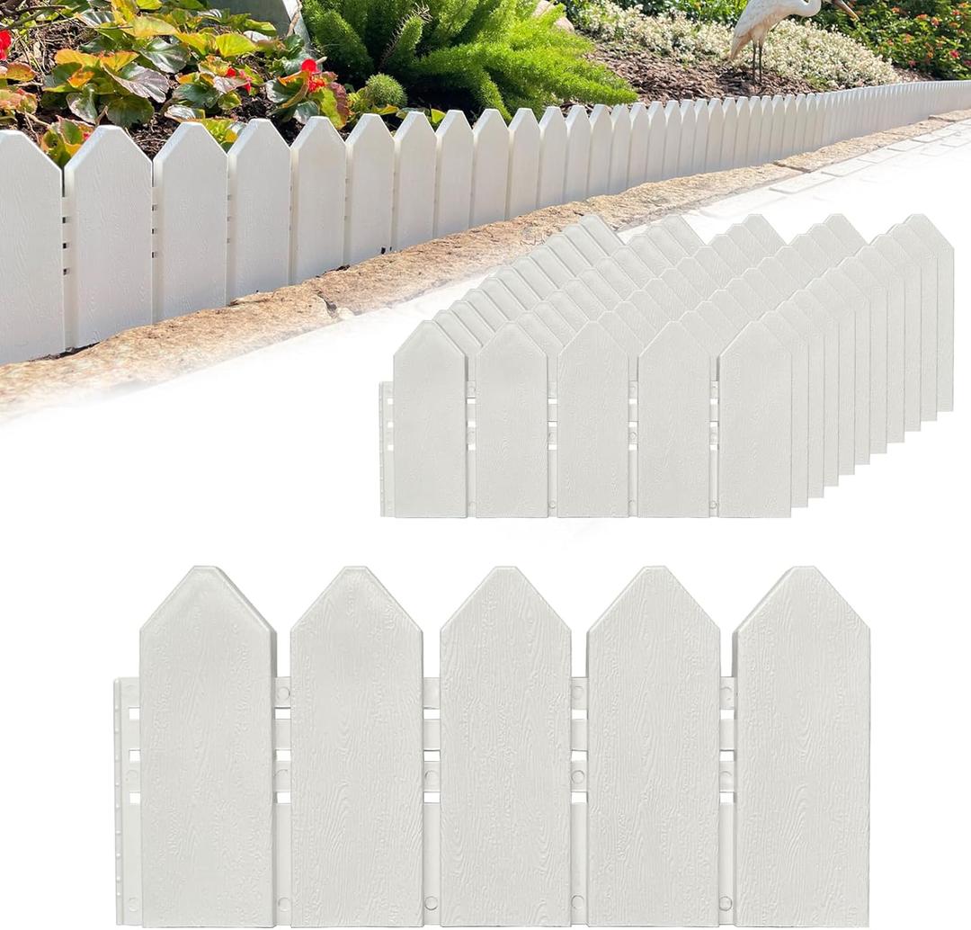 ARRYNTHEON Landscape Edging Kit 6.7 in Tall Decorative Double-Sided Wood-Look Fence Garden Border, Flower Bed Edging with 30 Anchoring Spikes, 13.9 Foot Kit (White)