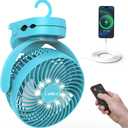 Camping Fan with Remote Control - 12000mAh Rechargeable Battery Powered Fan, Camping Fans for Tents with LED light & Hanging Hook, Rechargeable Battery Operated Ceiling Fans for Tent RV Bed, Blue
