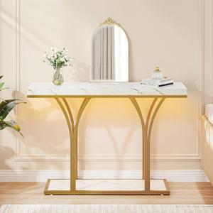 DWVO Gold Entryway Table with LED Lights, Modern 39-Inch Console Accent Table, Narrow Sofa Side Foyer Table with Faux Marble Top for Entrance, Entry Way, Hallway, Living Room