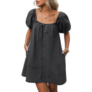 Women's Summer Denim Dress Puff Short Sleeve Square Neck Loose Jean Mini Dresses with Pockets (Black Grey, Small)