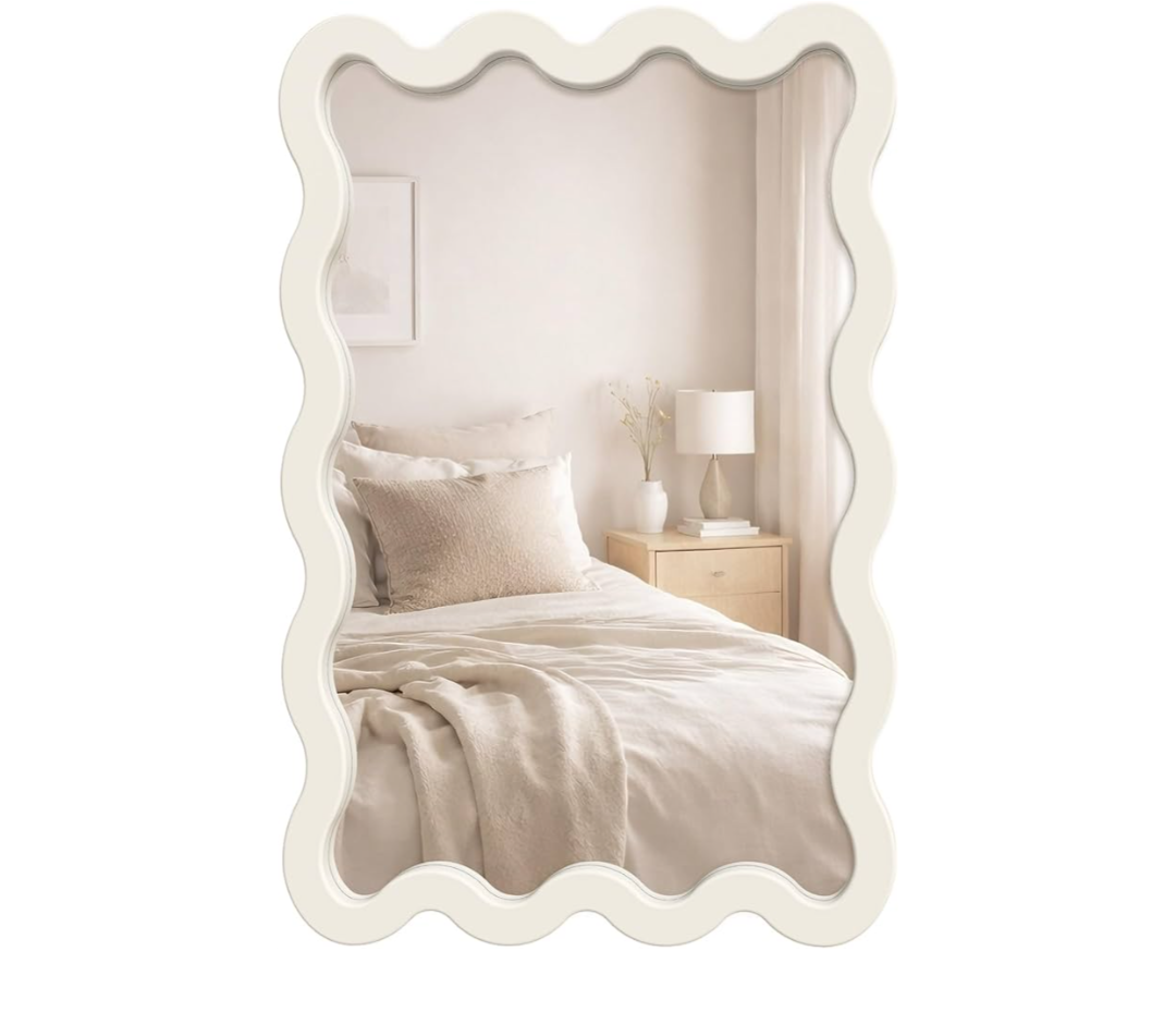 22"x30" White Wavy Wall Mirror for Vanity, Cream Solid Wood Irregular Mirror for Bedroom, Cute Squiggle Mirror for Aesthetic Decor, Small Asymmetrical Curvy Frame