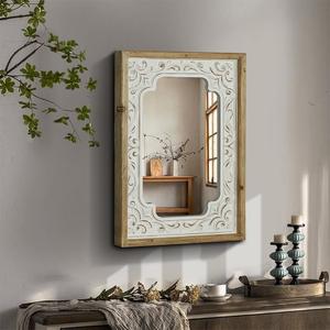 WREVERW Rustic Wood Frame Wall Mirror, Distressed White Floral Carved Design, Vintage Farmhouse Decorative Mirror for Living Room, Bedroom, Bathroom, or Vanity, 16"x22" WREVERW Rustic Wood Frame Wall Mirror, Distressed White Floral Carved Design, Vintage Farmhouse Decorative Mirror for Living Room, Bedroom, Bathroom, or Vanity, 16"x22"