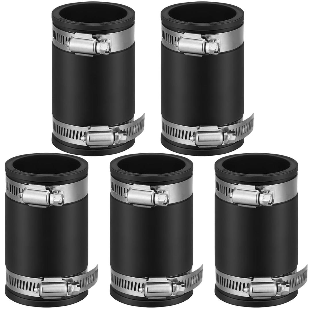 Pangda 5 Pcs Flexible TPE Coupling with Stainless Steel Clamps for Plastic and Copper Plumbing Connections, High Temperature Resistant Material, Black (Fit 1 Inch Pipe)