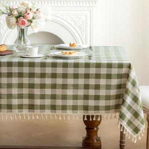 Checkered Tablecloth Rectangle Cotton Linen Gingham Table Cloth with Tassel Washable Wrinkle Free Heavy Duty Buffalo Plaid Table Cover for Dining/Party/Picnic (Green, 55" x 55" (Square))