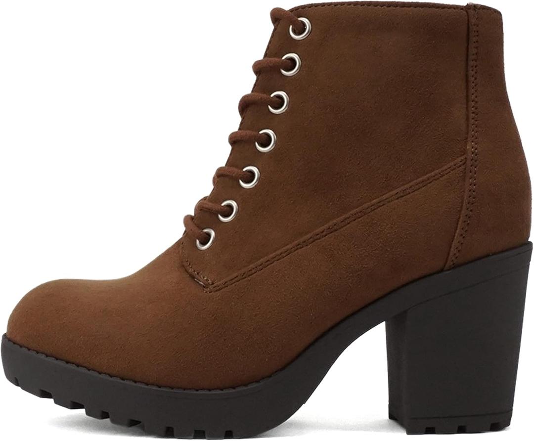 Soda Second Lug Sole Chunky Heel Combat Ankle Bootie Lace up w/Side Zipper (10, Chestnut Imitation Suede)