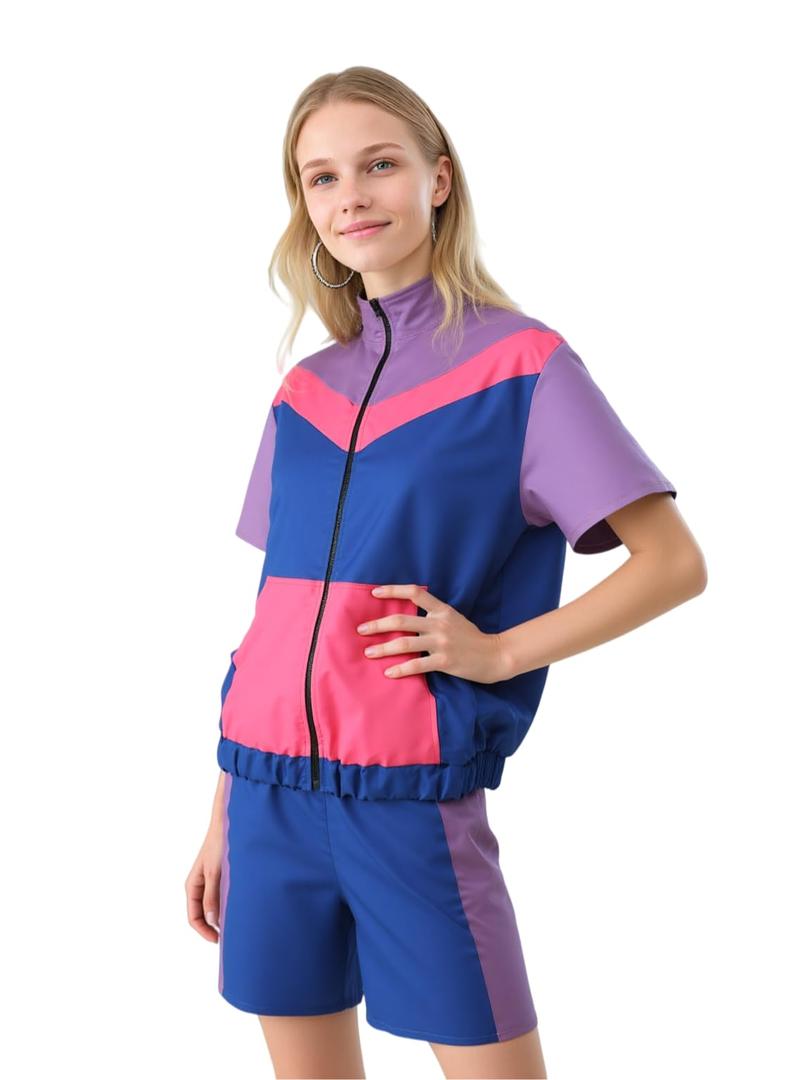 Womens 80s 90s Outfits Halloween Short Sleeve Jacket Shorts Tracksuits Retro Windbreaker Sets (Purple, X-Large) (Purple, XL)