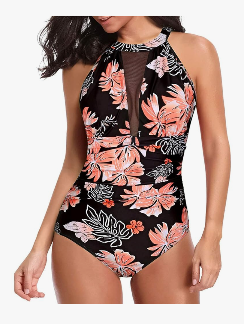 Tempt Me Women One Piece Swimsuit High Neck Plunge Ruched Tummy Control Bathing Suit, Size -XL