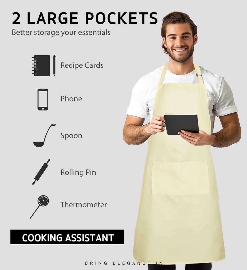 Syntus Adjustable Bib Apron Waterdrop Resistant with 2 Pockets Cooking Kitchen Aprons for Women Men Chef, Cream