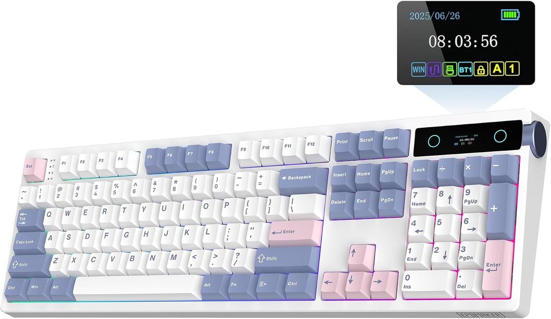 EPOMAKER TH108 PRO Full Size Mechanical Keyboard with Screen & Knob, Wireless Gaming Keyboard with 10000mAh, Creamy Gasket, Hot Swap, Custom Driver, RGB Backlight (White, Sea Salt Silent)