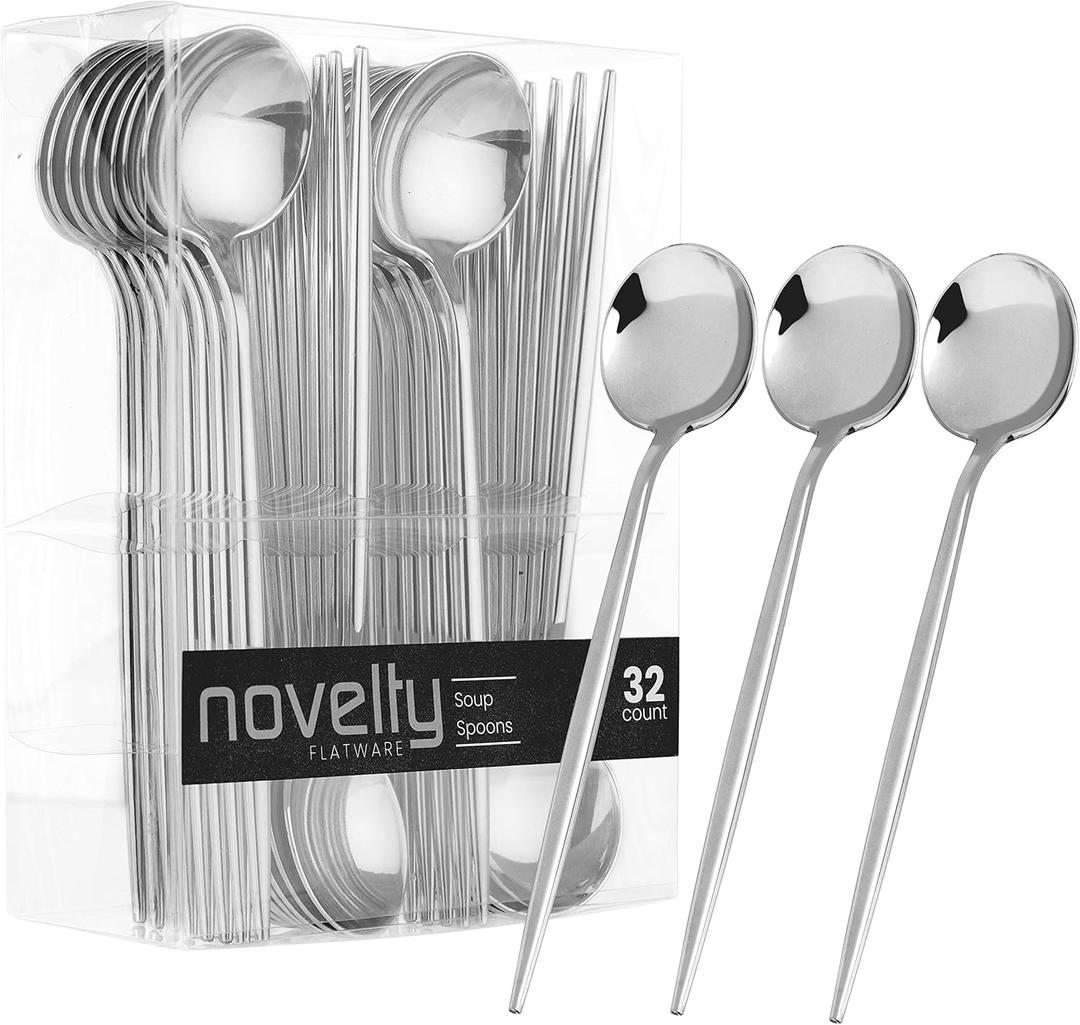 Novelty Modern Flatware, Cutlery, Disposable Plastic Soup Spoons Luxury Silver 32 Count