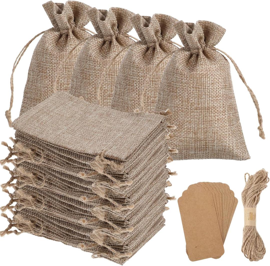 50PCS 4x6" Burlap Gift Bags with Drawstring, Reusable Pouches+ Gift Tags & String, Small Size for Party, Jewelry Pouches, Christmas, Festival, Birthday, DIY Craft Bags