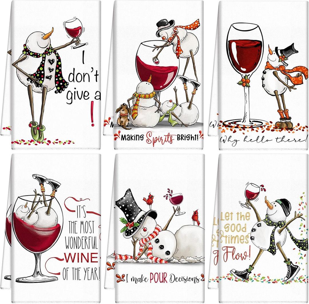 Hosuly 6 Pcs Christmas Snowman Wine Kitchen Towels Winter Decorative Hand Towels Xmas Snowman Dish Tea Kitchen Decor Christmas Cocktail Bar Decor for Home Wine Lover Gifts