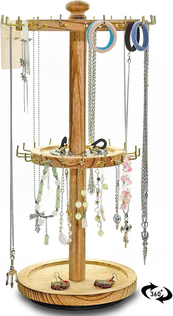 Wooden Rotating Jewelry Display Stand Tower with 40 hooks for Shows, Jewelry Organizer for Necklace and Bracelet, Necklace and Bracelet Holder, KeyChain Earring Display Stands for Selling (vintage)