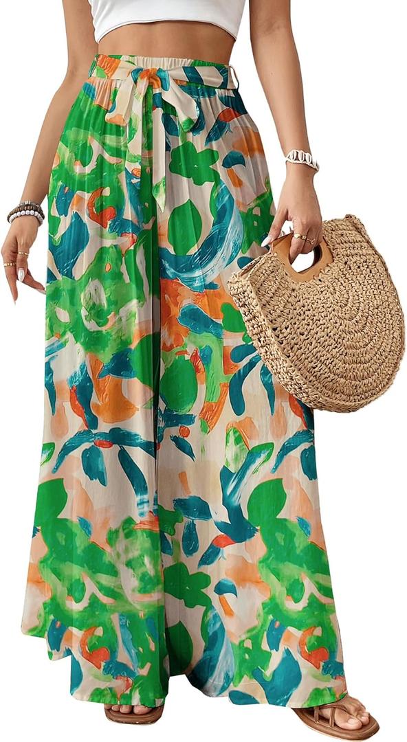 Bsubseach Wide Leg Pants Woman Flowy Floral Palazzo Pants for Women High Waisted Summer Casual Trousers Cruise Outfits Green Printed, XXL