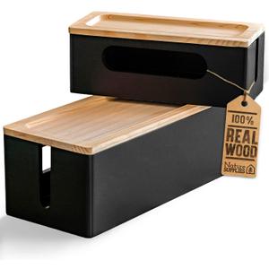 NATURE SUPPLIES Set of 2, Wood Cable Management Boxes, Large and Medium Cord Organizer to Hide Wires and Power Strips for TV, Desk, Computer, Router, Cable Storage and Organization, Black