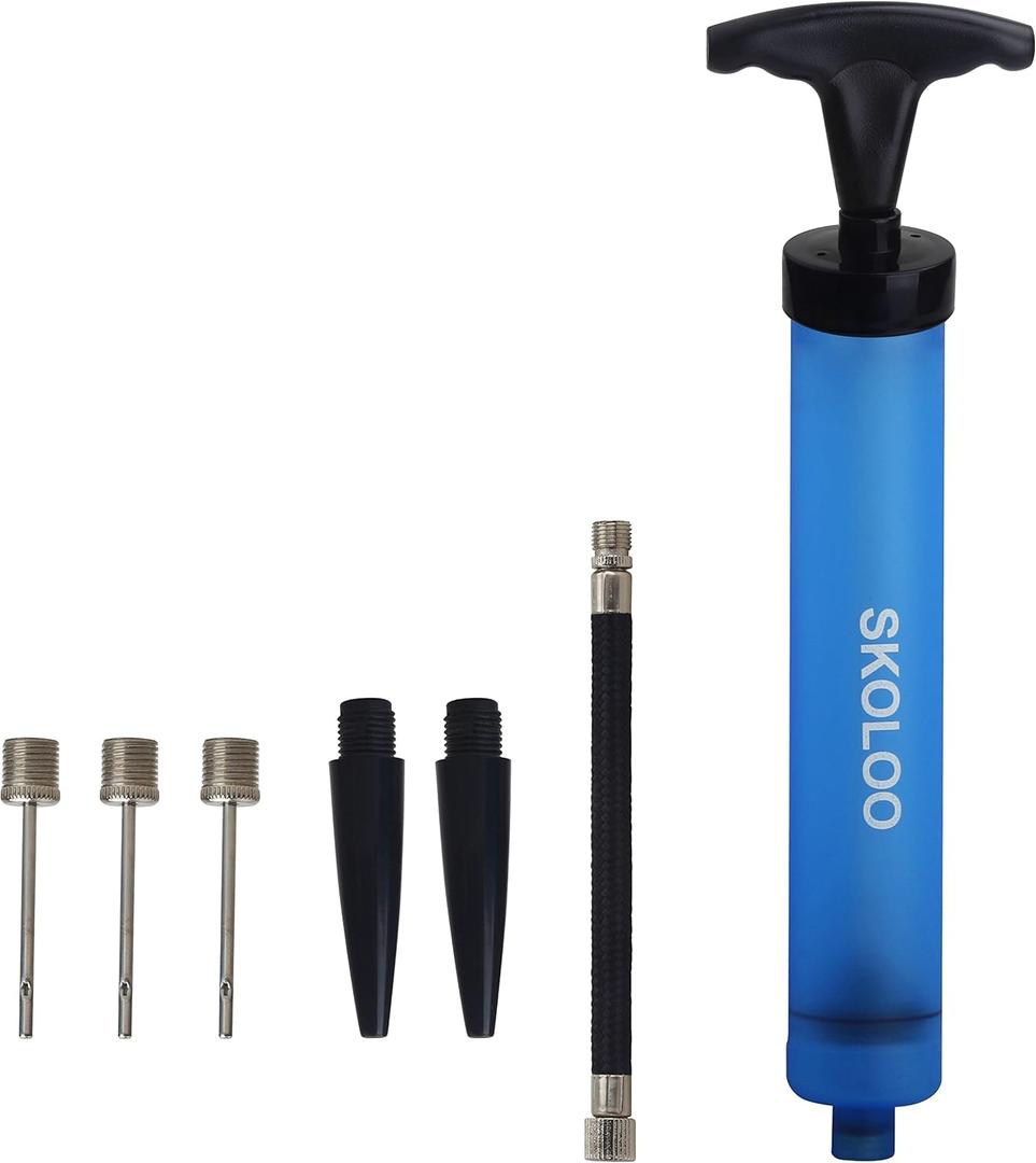 SKOLOO 10" Portable Hand Air Ball Pump Inflator Kit with Needle, Nozzle, Extension Hose for Soccer Basketball Football Volleyball Water Polo Rugby Exercise Sports Ball Balloon Swim Inflatables (Blue)
