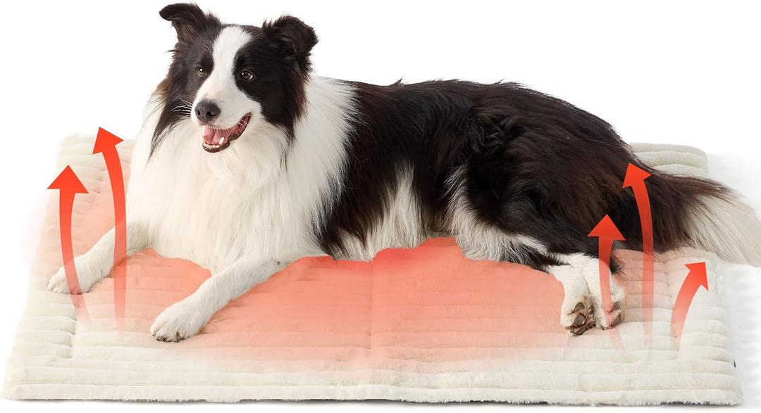 Bedsure ComfyFleece Self Warming Dog Bed for Large Dogs, Self Heating Dog Crate Pad, Thermal Extra Warm Puppy Mat Indoor, Non-Slip & Washable, Not Electric, 35" x 23", White